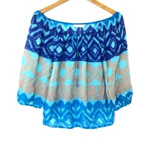 Trina Turk - Blue and Tan Print Silk Blouson Blouse - Small